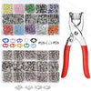 A set of metal snap buttons for clothing, bags, and DIY crafts displayed in an organized plastic tray with a pair of pliers.