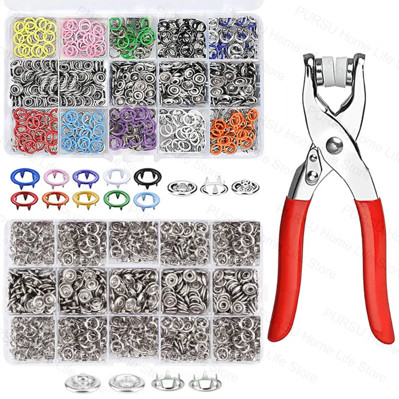 A set of metal snap buttons for clothing, bags, and DIY crafts displayed in an organized plastic tray with a pair of pliers.