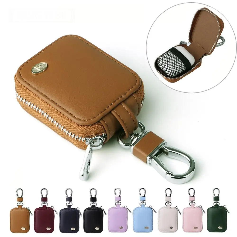 A collection of PU leather protective cases for earbuds with anti-lost hooks in various colors.