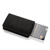 Black slim leather card holder with multiple cards visible.