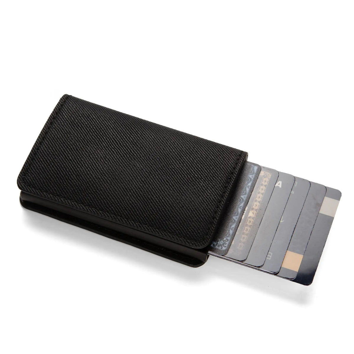 Black slim leather card holder with multiple cards visible.
