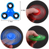 A blue fidget spinner is shown with various spinning motions and colors.