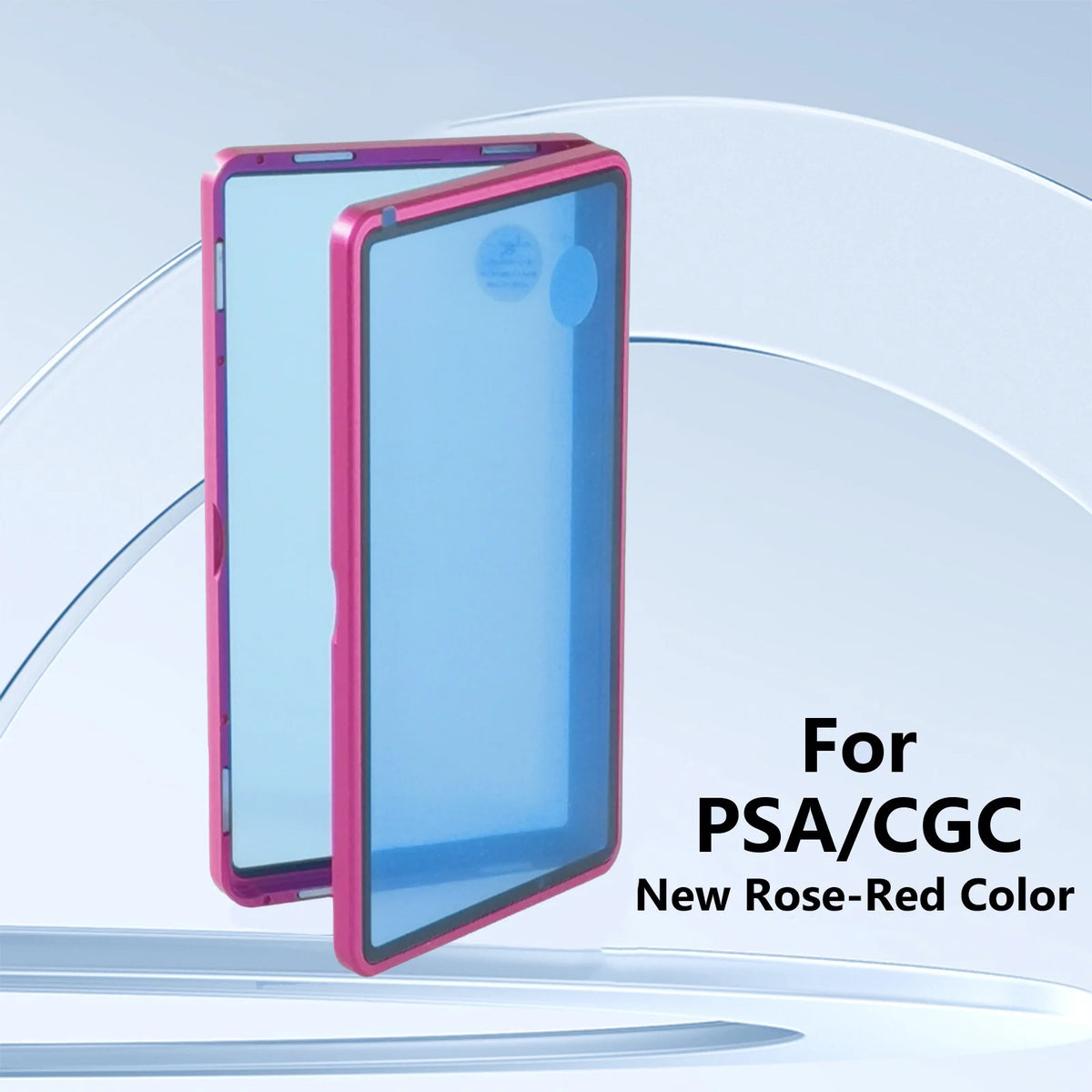 A pink protective display case for a trading card, featuring a new rose-red color.