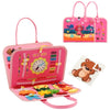 A pink Montessori busy board for toddlers featuring various sensory learning activities and toys.