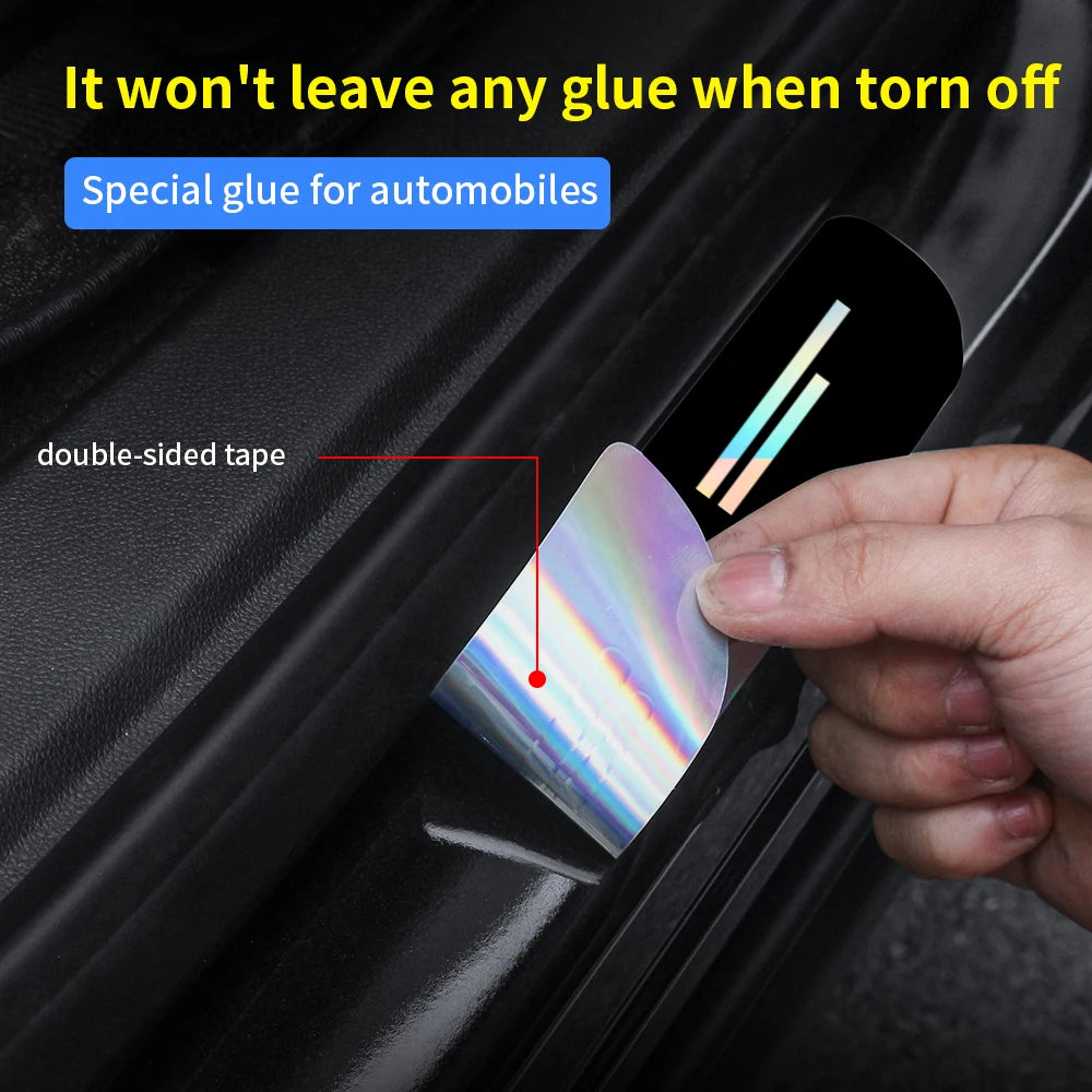 A hand applies a double-sided tape strip to a car door sill, demonstrating a glue-free installation method.