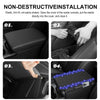 Demonstration of non-destructive installation of a diamond quilted storage cover for a car armrest.