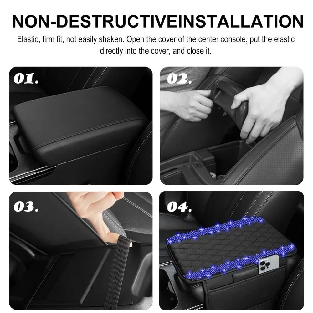 Demonstration of non-destructive installation of a diamond quilted storage cover for a car armrest.