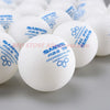 A close-up view of white Sanwei ABS professional table tennis balls arranged in a row.