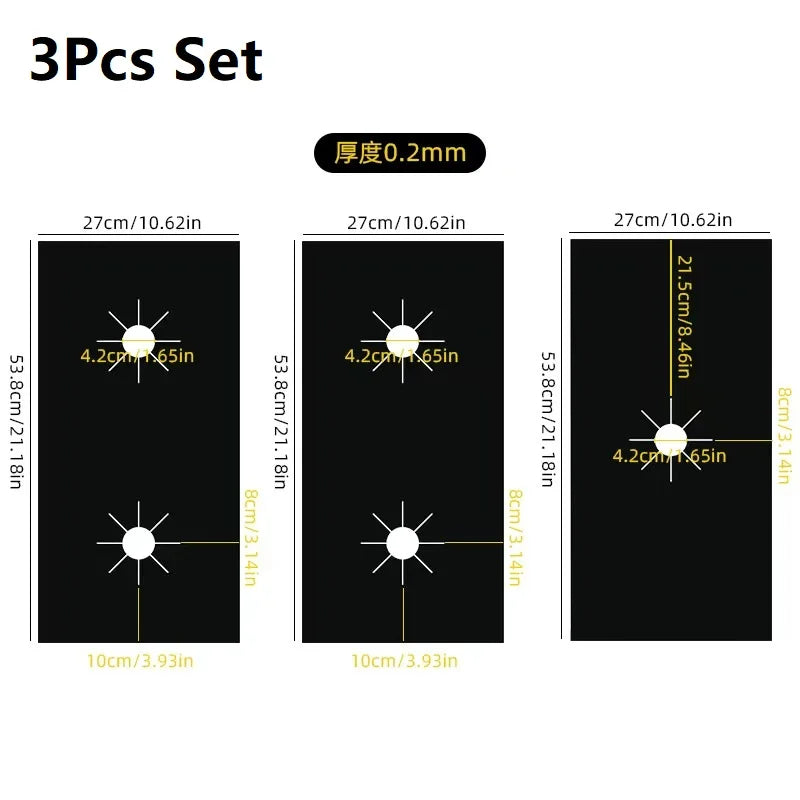 A set of three black heat-resistant gas stove protector mats with various dimensions shown against a white background.