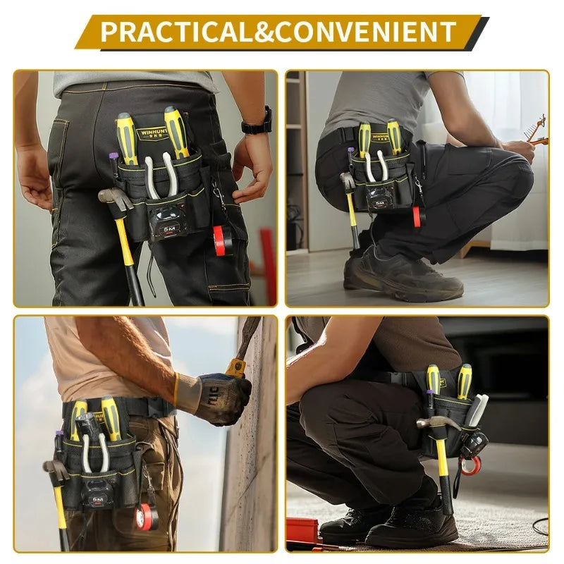 A durable waist tool bag is shown being used by an electrician or DIYer, featuring multiple tool slots and attachments.