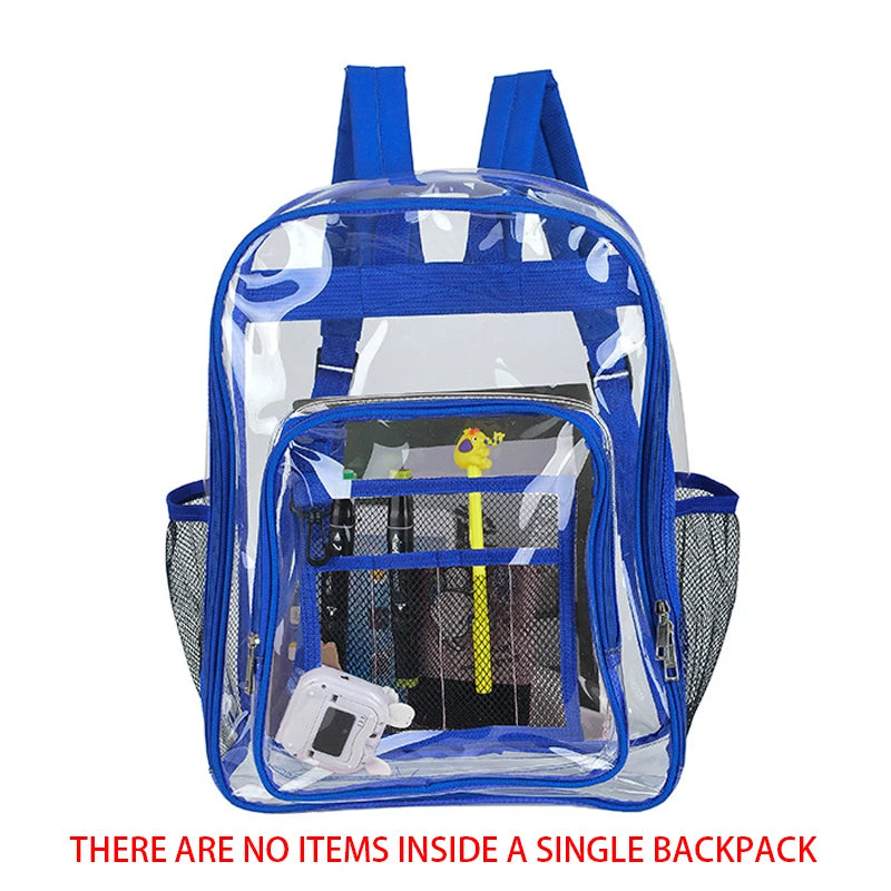 A clear waterproof shoulder bag with a blue strap and mesh pockets is shown.