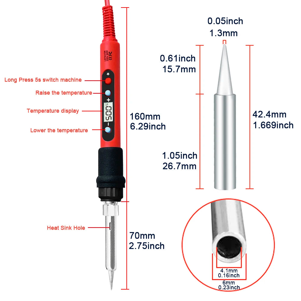 Kit de fer à souder numérique rouge avec affichage de température et trou pour dissipateur thermique, montré avec ses composa