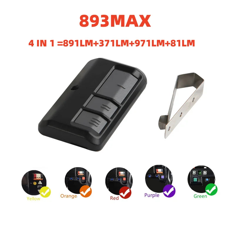 A black 4-in-1 garage door remote featuring multiple color options including yellow, orange, red, purple, and green.
