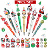 A set of seven beaded ballpoint pens featuring various Christmas-themed designs and colors.