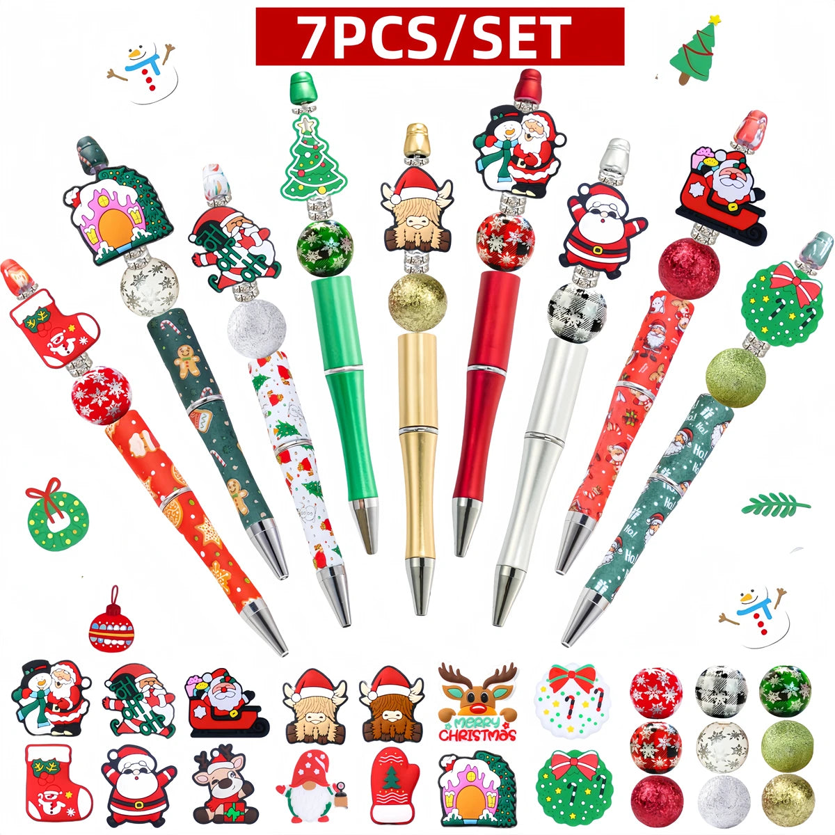 A set of seven beaded ballpoint pens featuring various Christmas-themed designs and colors.