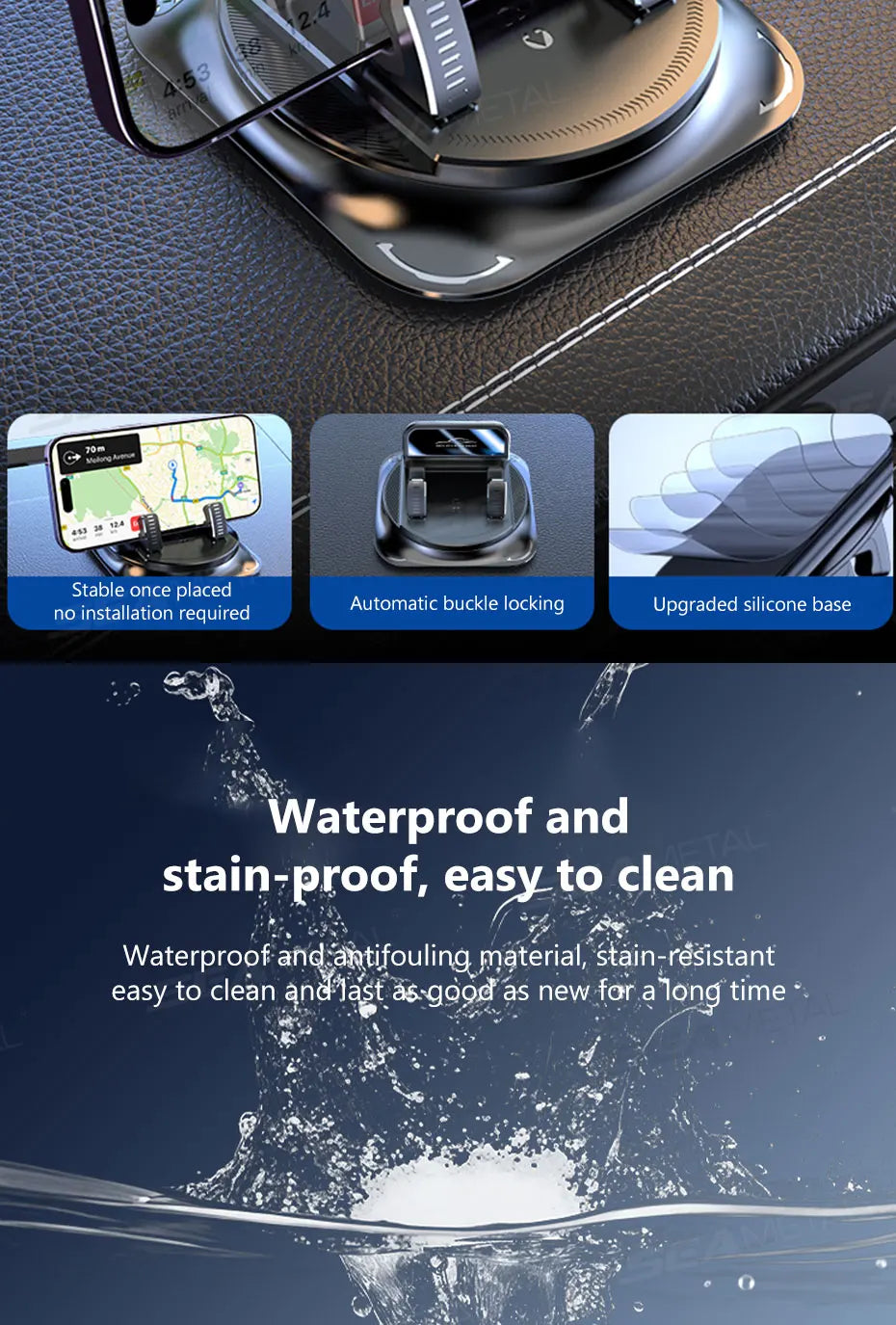 A 360° rotating car dashboard phone mount with an anti-slip silicone base shown in various installation and usage contexts.