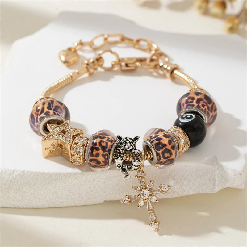 Leopard Cross & Black Beaded Bracelet with Sparkling Crystal Accents