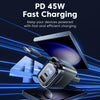 A black PD 45W fast charging cable and adapter are shown next to a smartphone, highlighting efficient device charging.