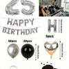 A kit featuring black and silver balloons, foil numbers, heart shapes, and a balloon garland for birthday decorations.
