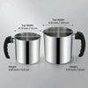 A silver stainless steel wax melting pitcher with a black handle shown from the side and top view.