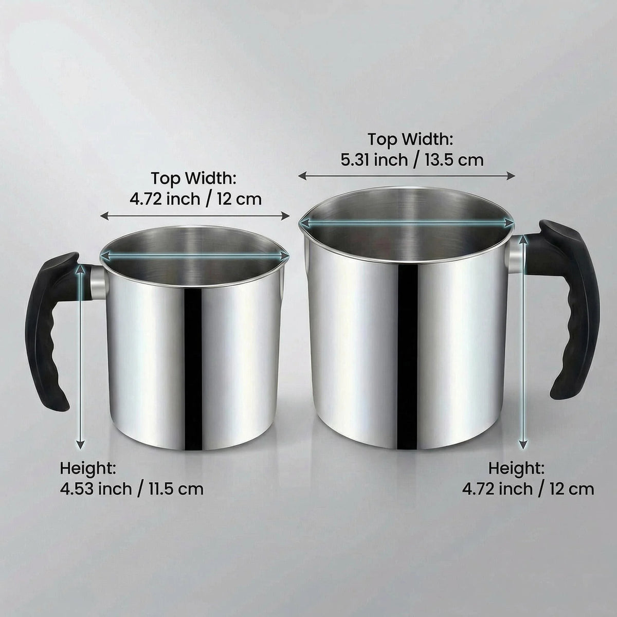 A silver stainless steel wax melting pitcher with a black handle shown from the side and top view.