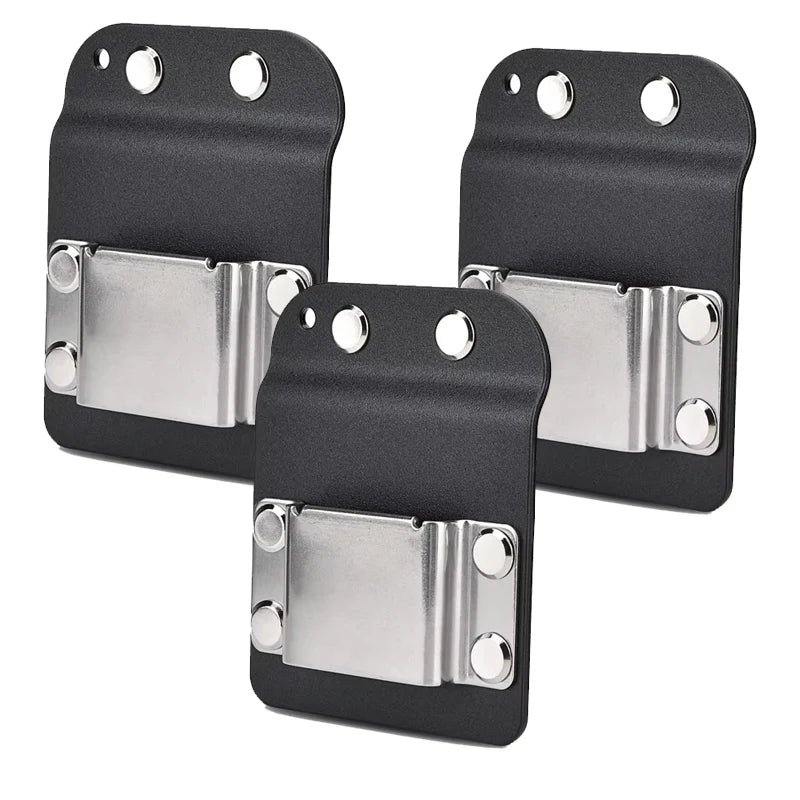 Black clip-on tool belt holster for drills and power tools with metal mounting plates