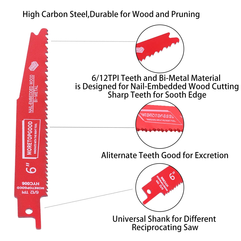 A diagram showing the design features of a high carbon steel bi-metal reciprocating saw blade for wood cutting and pruning.