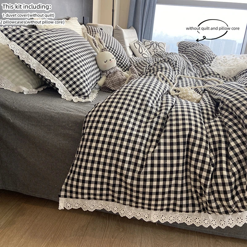 Lace Trim Plaid Duvet Cover Set with Pillowcases