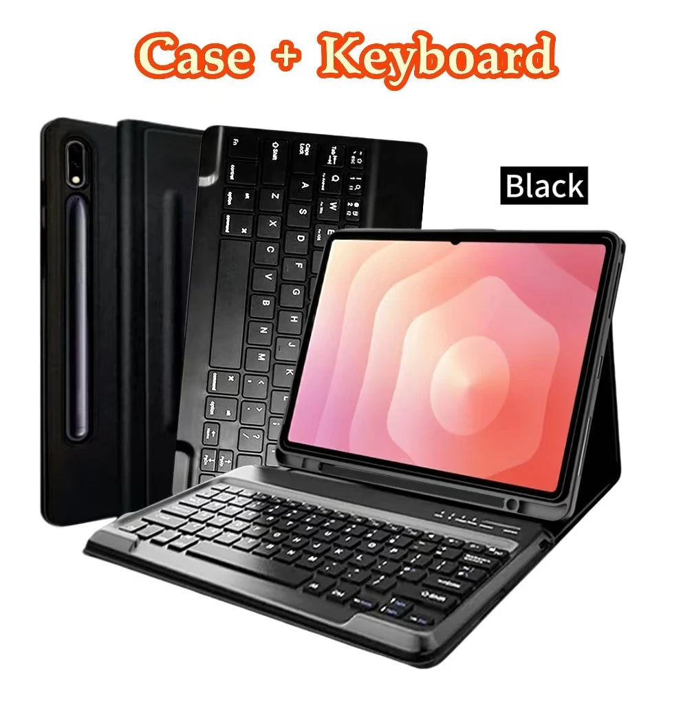 Black case and keyboard for a Samsung Galaxy Tab S11 Ultra with an S Pen holder.