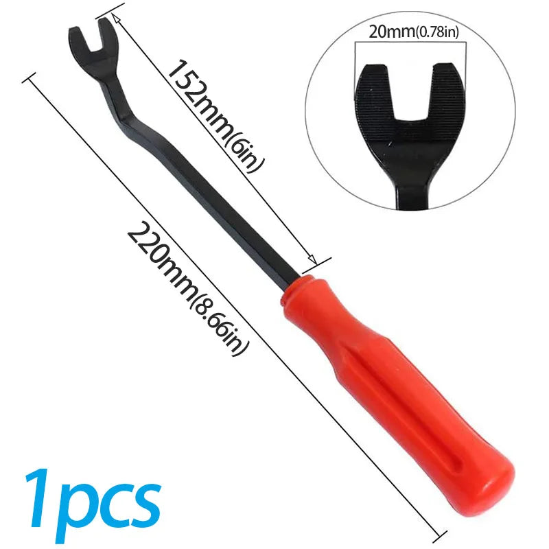 A black car trim removal tool with an orange handle and a storage pouch diagram.