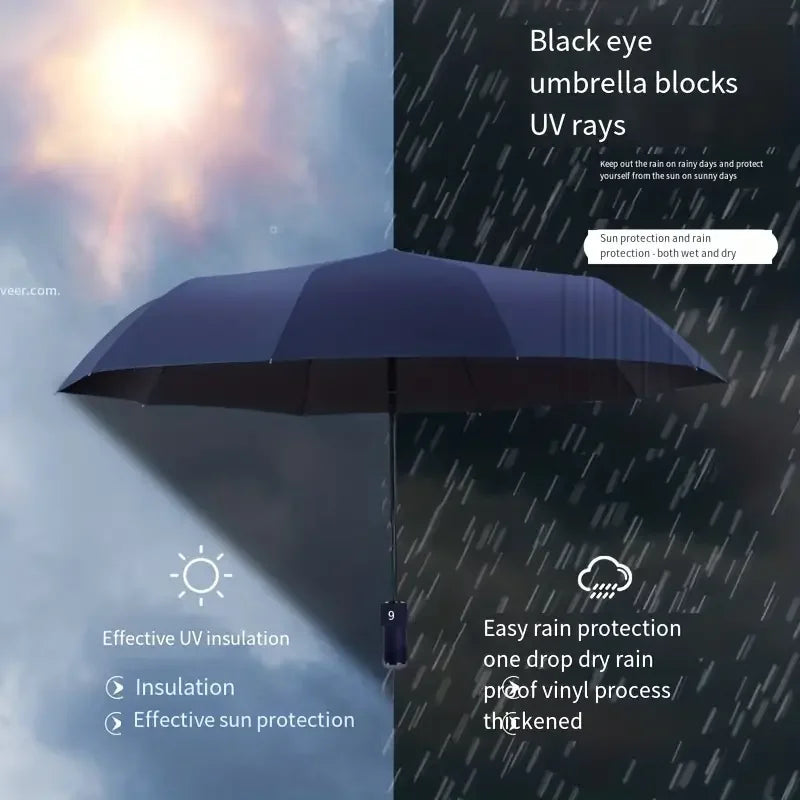 A dark blue umbrella is shown against a rainy background, illustrating UV protection and rain defense features.