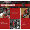 A red and black PACKOUT magnetic bin system showing various modular storage solutions for tools.
