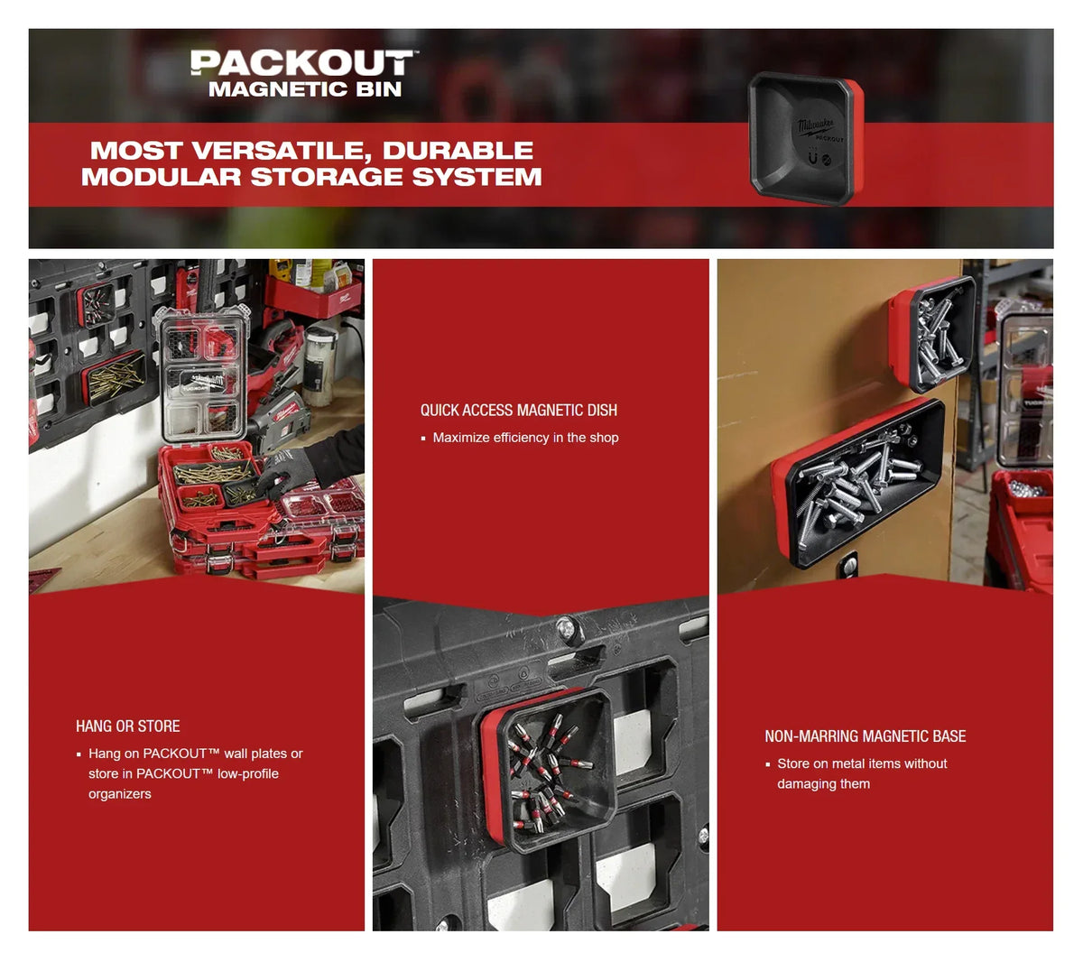 A red and black PACKOUT magnetic bin system showing various modular storage solutions for tools.