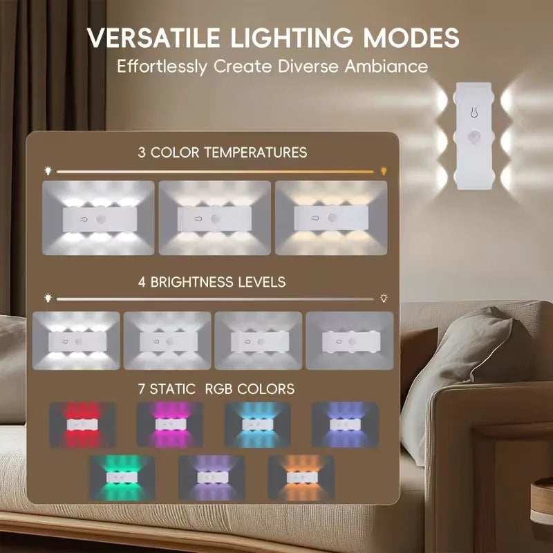 Diagram showing versatile lighting modes including 3 color temperatures, 4 brightness levels, and 7 static RGB colors for a w