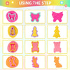 A set of colorful animal-shaped playdough tools for kids, showing various pink, yellow, and orange molds.