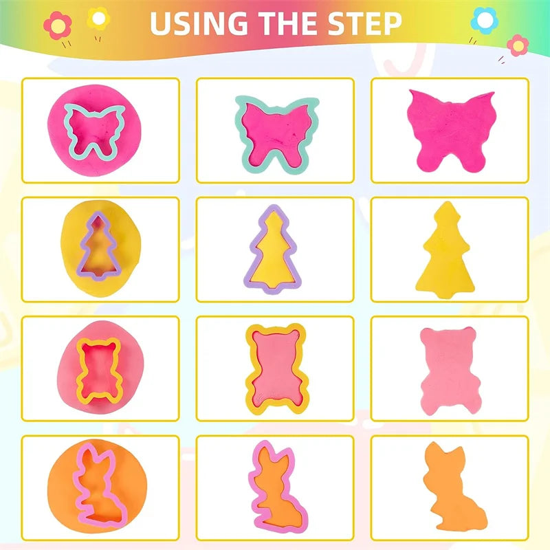 A set of colorful animal-shaped playdough tools for kids, showing various pink, yellow, and orange molds.