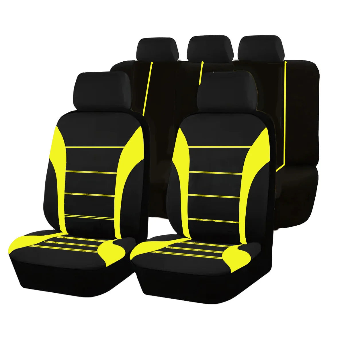A set of black memory foam seat cushions for a car, SUV, truck, or van, featuring yellow accents.