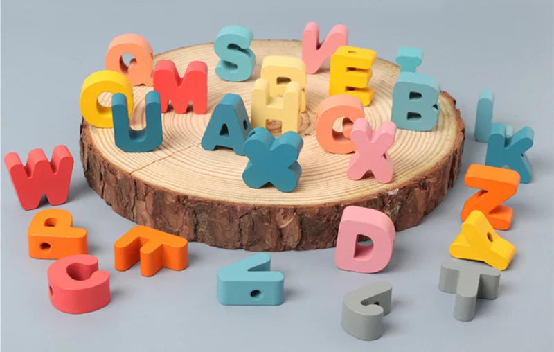 Wooden Lacing Beads Set for Kids with Animal, Fruit, Letter & Number Shapes