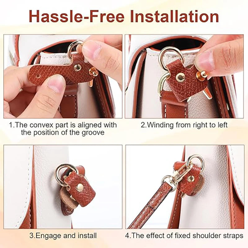 Demonstration of hassle-free installation for a leather mini bag strap set with alloy buckles.