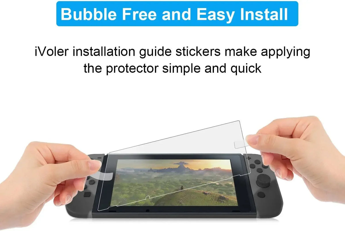 Hands applying a bubble-free screen protector to a Nintendo Switch device.