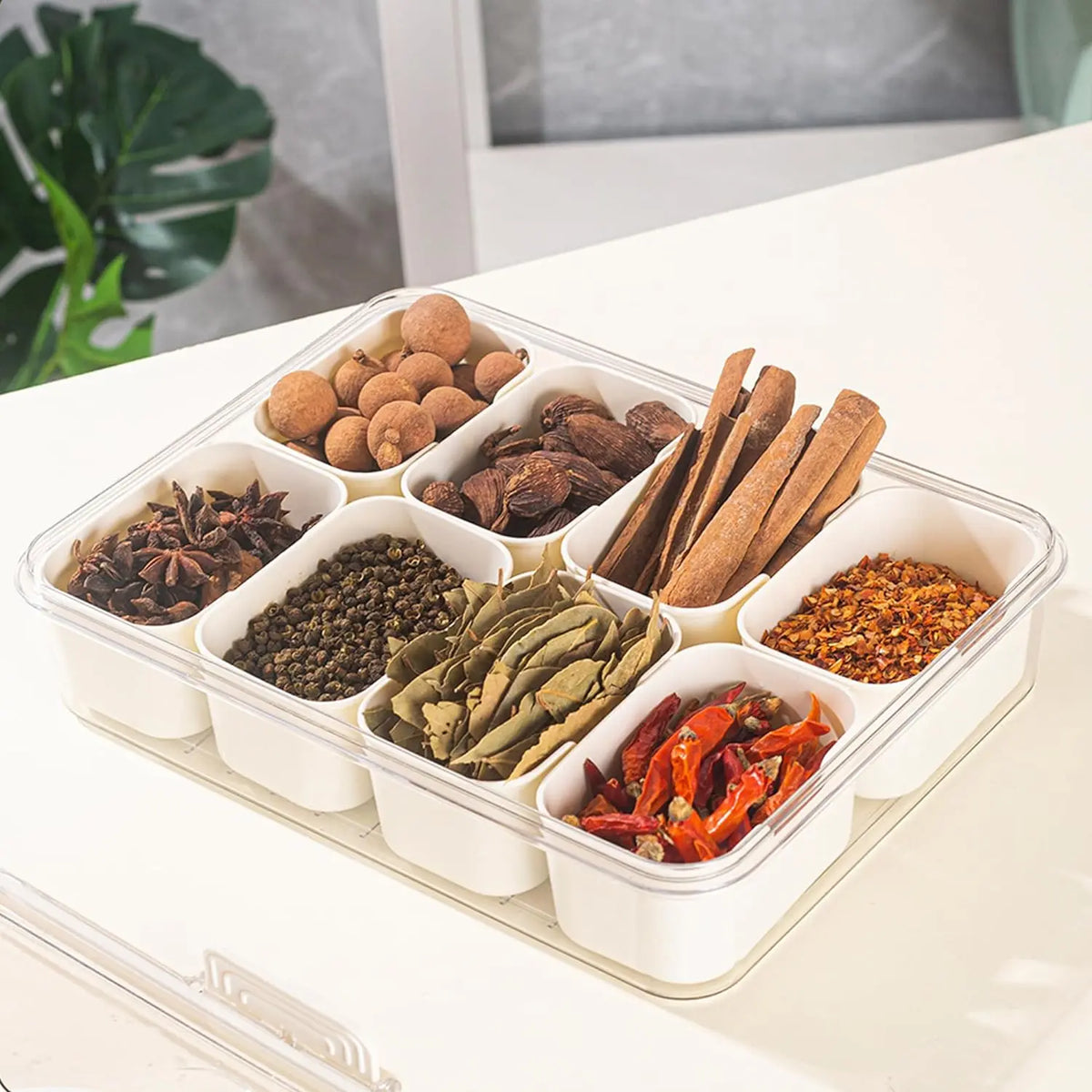 A clear plastic container holds various dried spices and herbs in separate compartments for portable use.