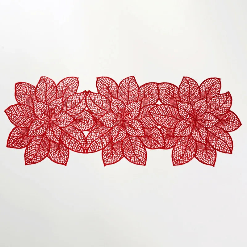 Red lace-patterned PVC table runner and placemat set with floral design