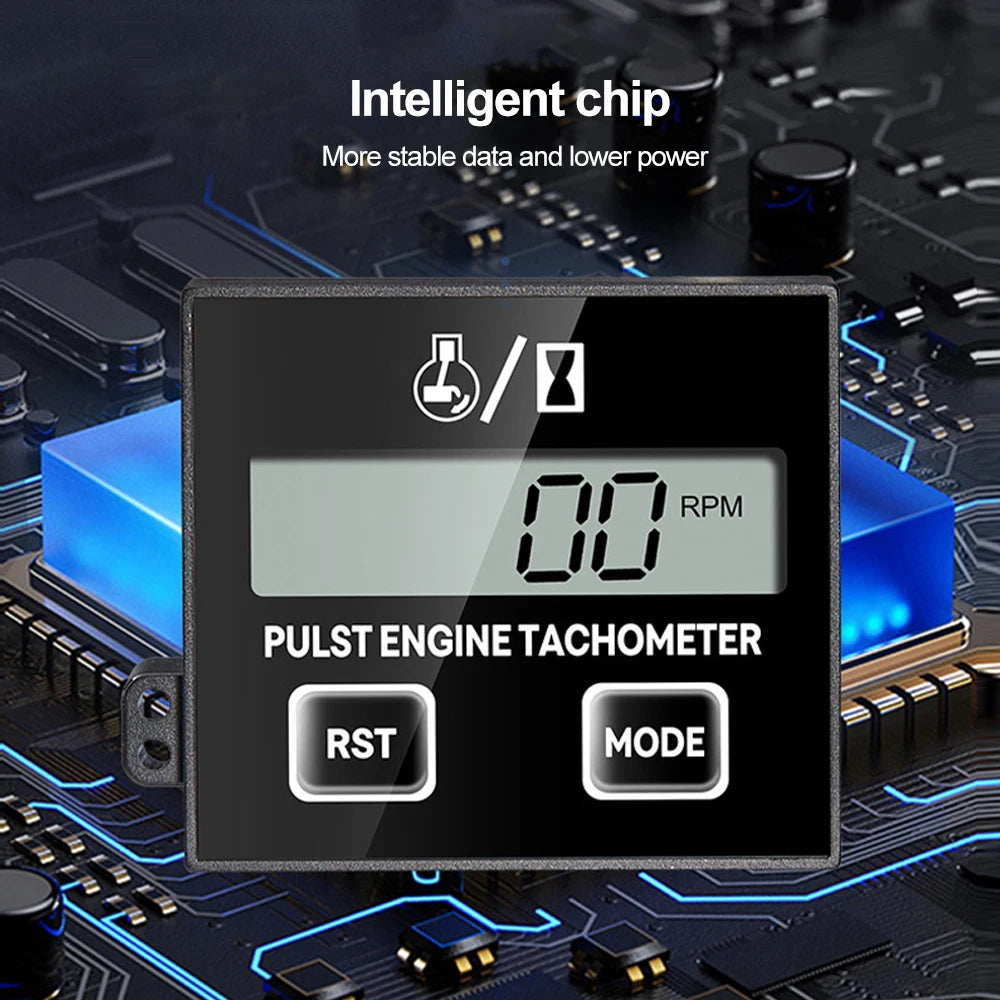 A black digital pulse engine tachometer module with RST and MODE buttons placed on a circuit board.