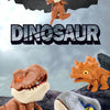 A close-up of a brown mini finger dinosaur toy and a gray dinosaur toy against a blurred background.