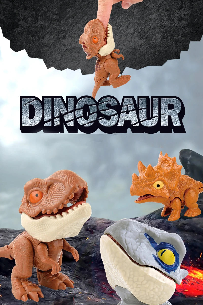 A close-up of a brown mini finger dinosaur toy and a gray dinosaur toy against a blurred background.