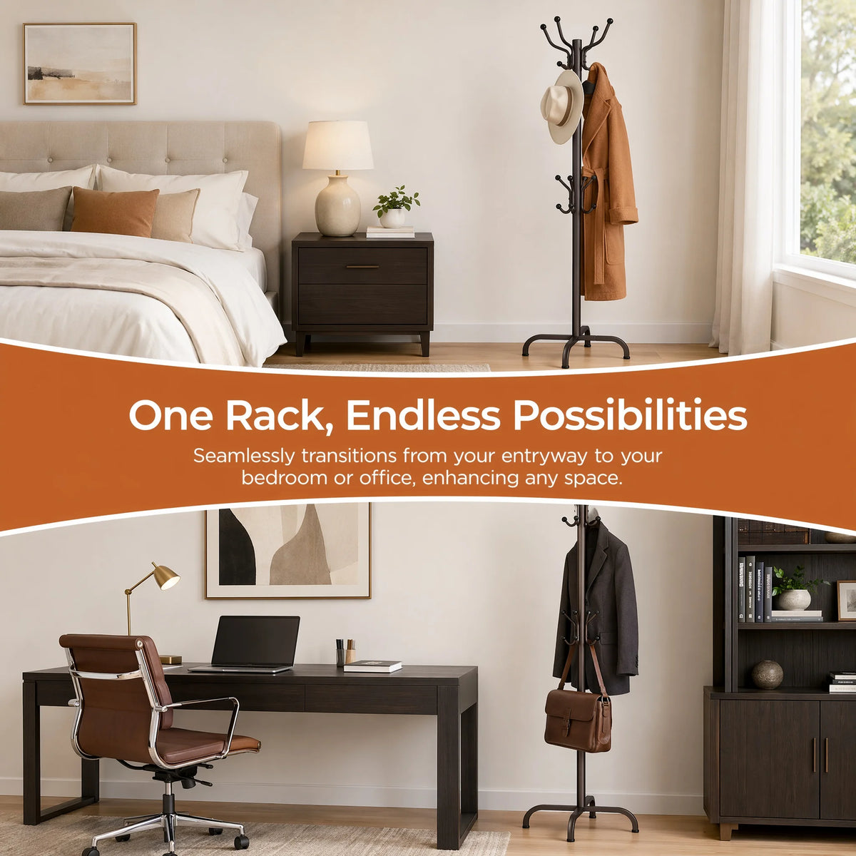 A freestanding metal coat rack with 14 hooks stands next to a bed and a desk in a modern room.