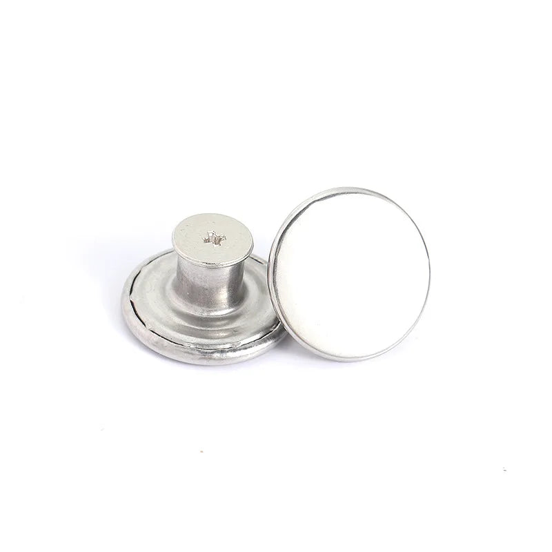 A silver metal button with a cylindrical post is shown against a white background.