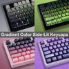 A set of PBT double-shot keycaps featuring gradient colors, shown in various lighting and angles.
