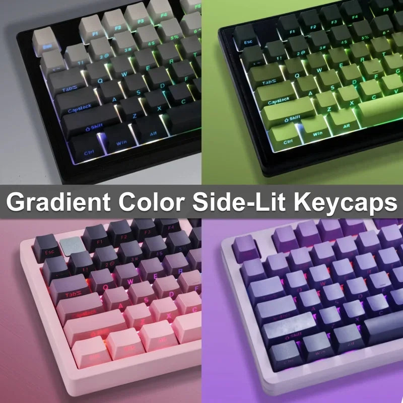 A set of PBT double-shot keycaps featuring gradient colors, shown in various lighting and angles.