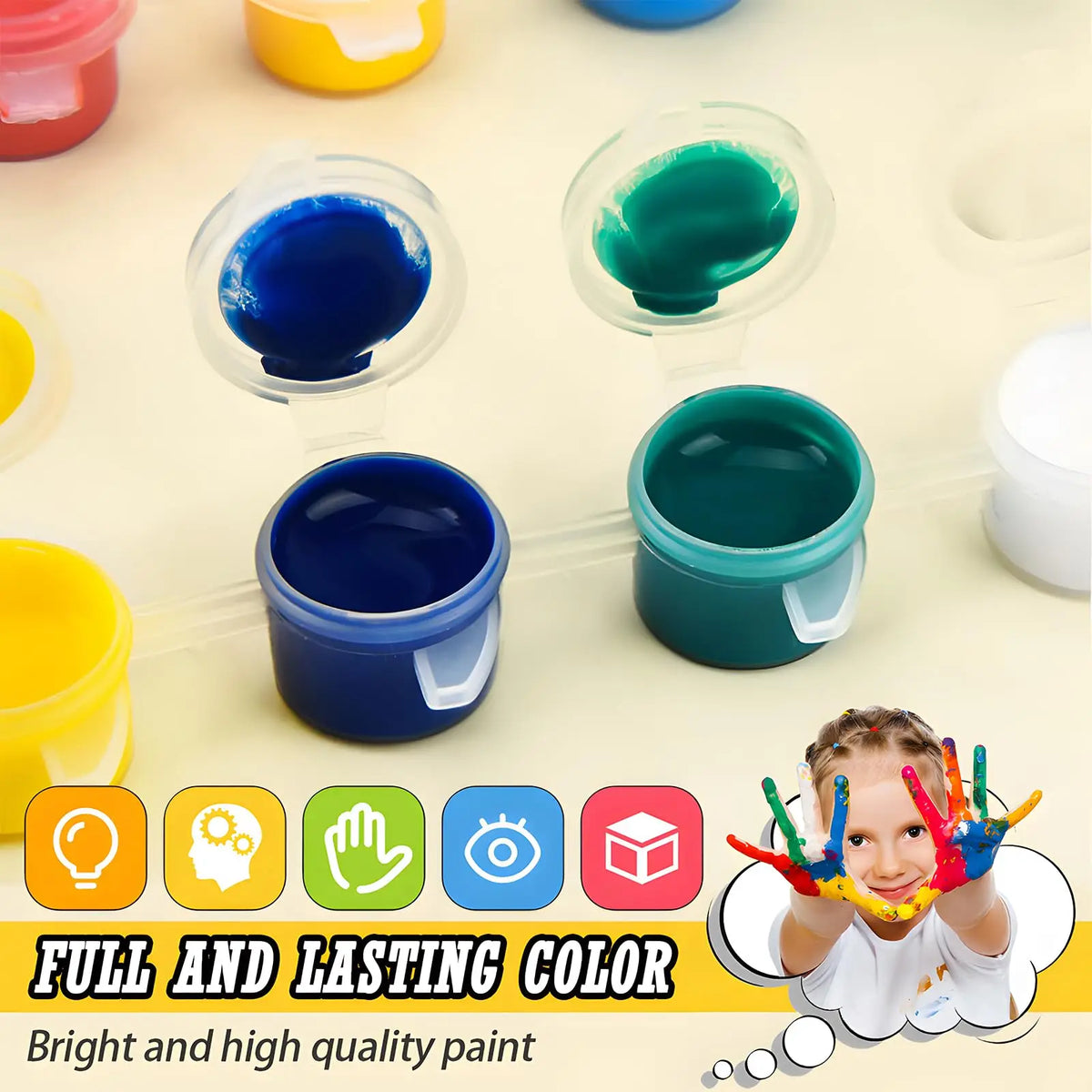 Un set de pots et pinceaux de peinture colorés pour un kit DIY pour enfants, avec des couleurs vives comme le bleu, le vert e